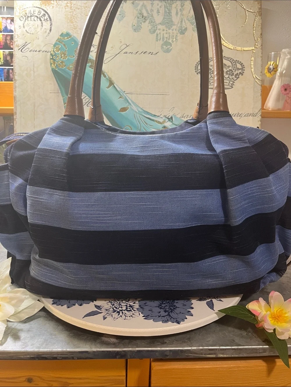 kate spade Blue and Navy Striped Tote with Brown Handles